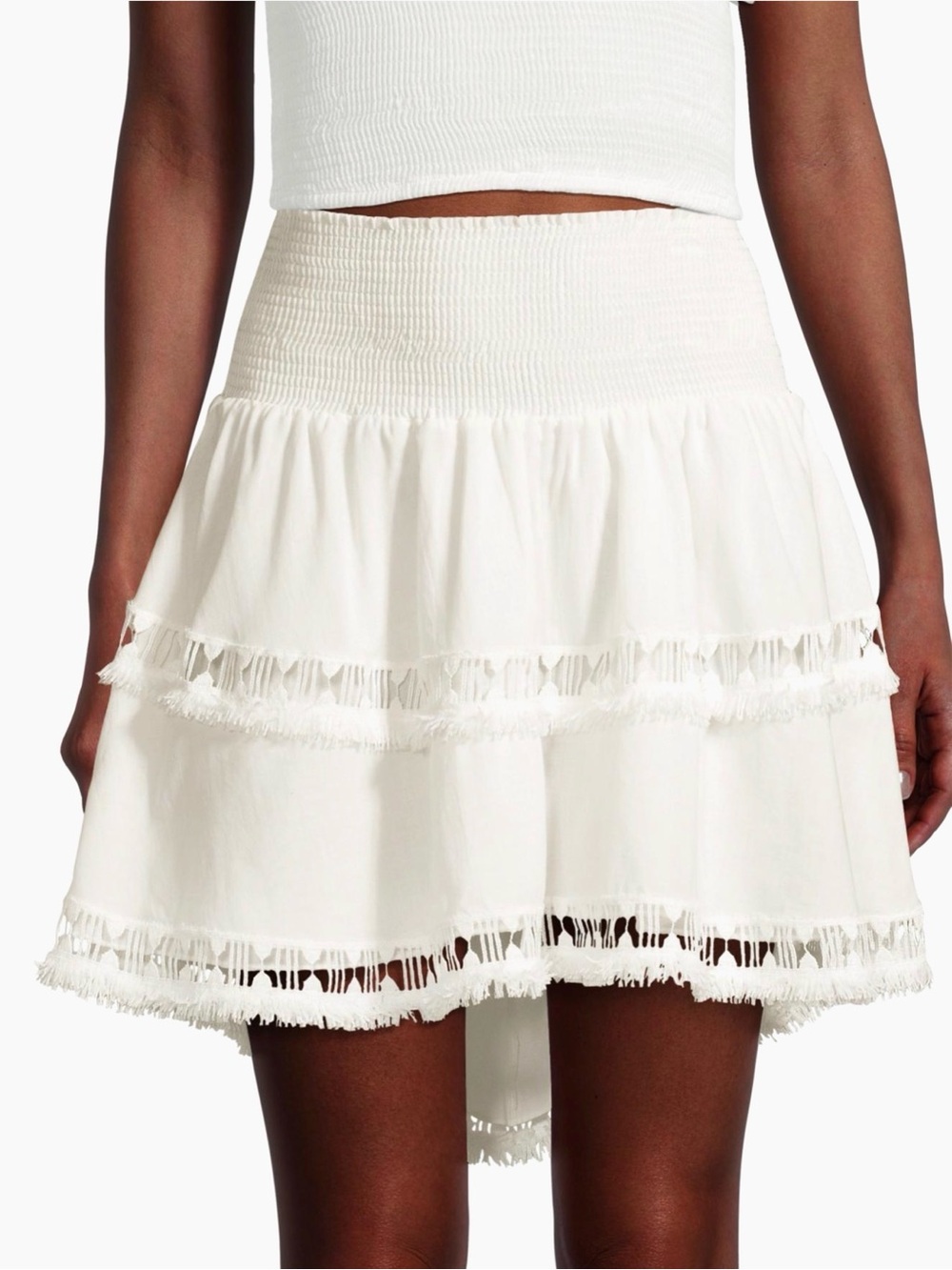 Peixoto Simone White Smocked Waist Tiered Fringe Mini Skirt - Size Large